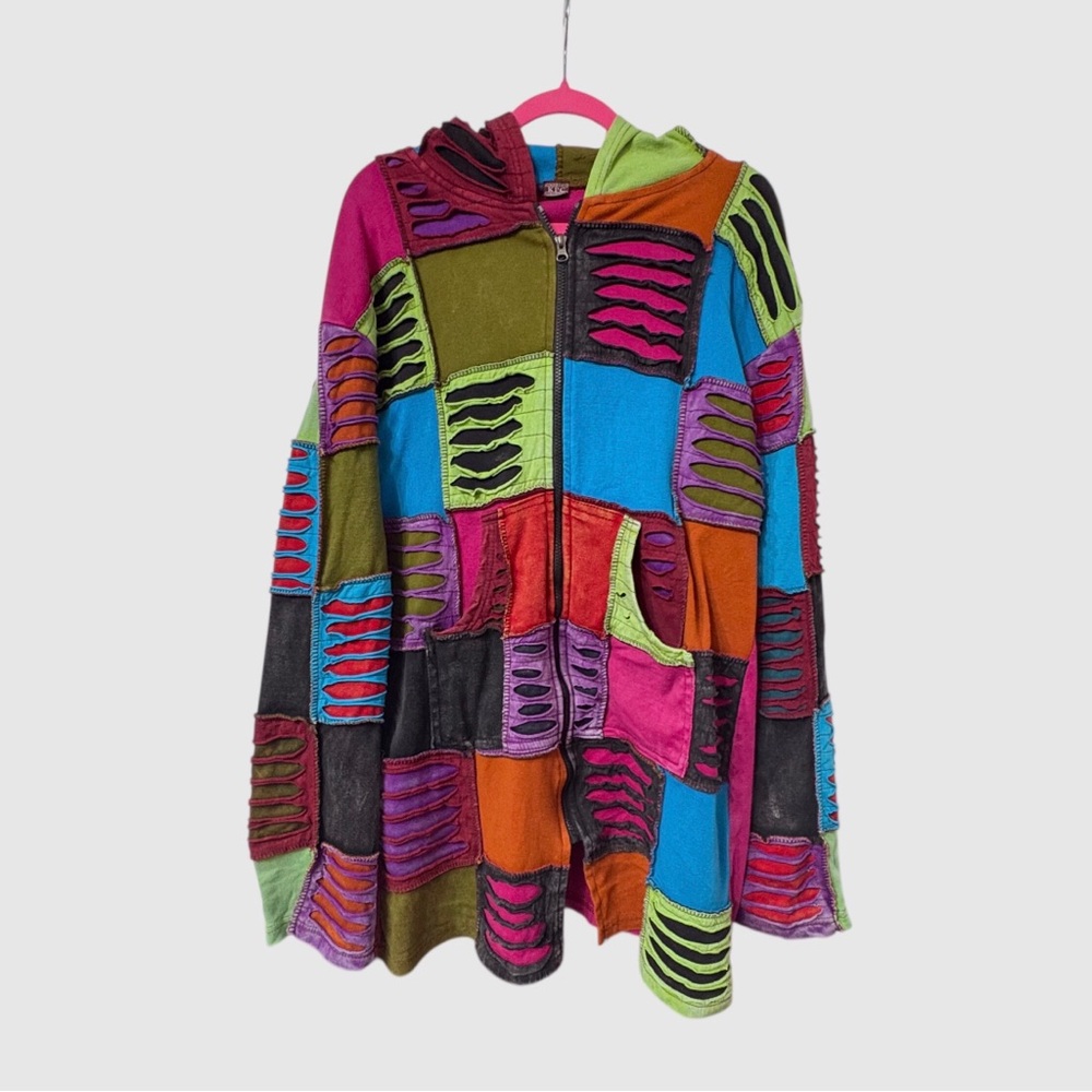 Kpc Vintage Colorful Patchwork Zip-Up Long-Line H… - image 3